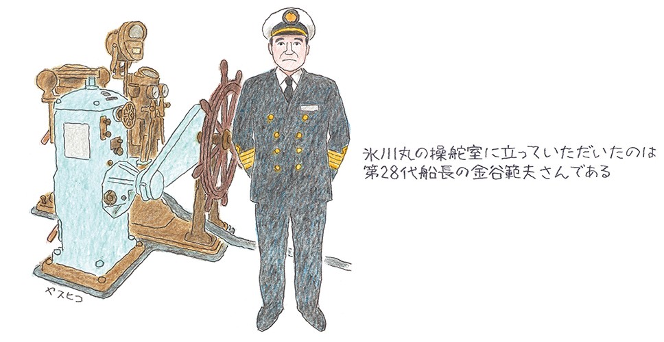 氷川丸の操舵室に立っていただいたのは第28代船長の金谷範夫さんである