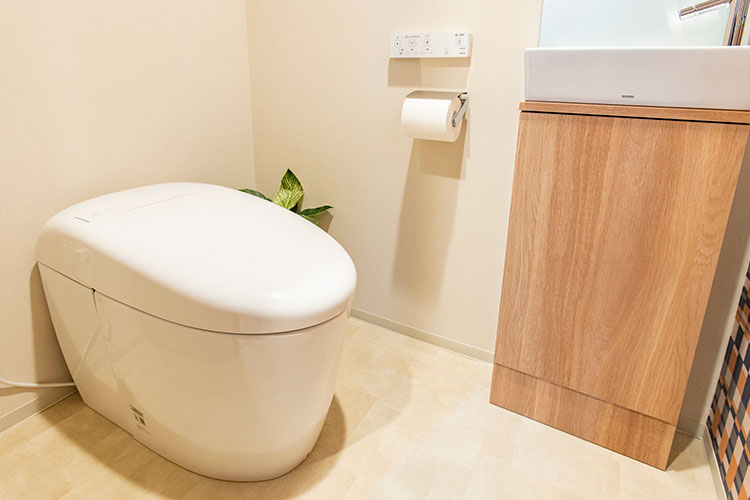 ▲かわいらしいデザインのローシルエットトイレを採用。ウォシュレット前方が持ち上がり掃除がしやすくなる「お掃除リフト」を装備