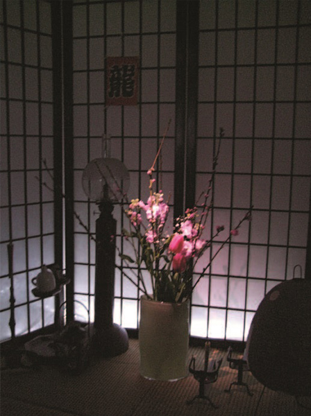 ピンク系の花を淡いピンクのLED照明でライトアップ。カラーライティングもLEDなら手軽に楽しむことができる。