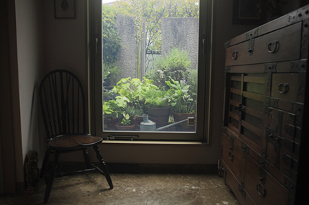デッキのグリーンは玄関横の窓からも望め、ゲストを癒してくれる