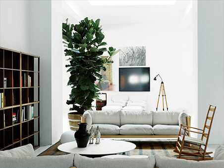 重心の低いソファのまわりに背の高いグリーンやスタンドライトを配し、空間が間伸びしないように工夫したレイアウト。壁にアートを掛けたい場合は、あえて重心の低いソファを置く方がバランスがとれる。