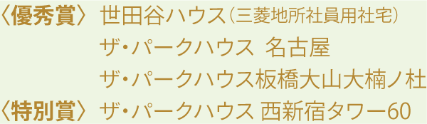 ＜優秀賞＞世田谷ハウス（三菱地所社員用社宅）| ザ・パークハウス  名古屋 | ザ・パークハウス板橋大山大楠ノ杜 ＜特別賞＞ザ・パークハウス 西新宿タワー60
