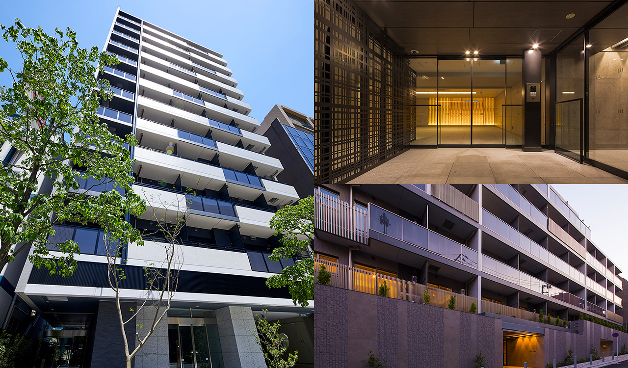 ※左：ザ・パークワンズ 芝公園［2018年4月竣工（分譲済）］　右上：ザ・パークワンズ 目黒不動前［2019年12月竣工（分譲済）］　右下：ザ・パークワンズ 目黒不動前［2019年12月竣工（分譲済）］