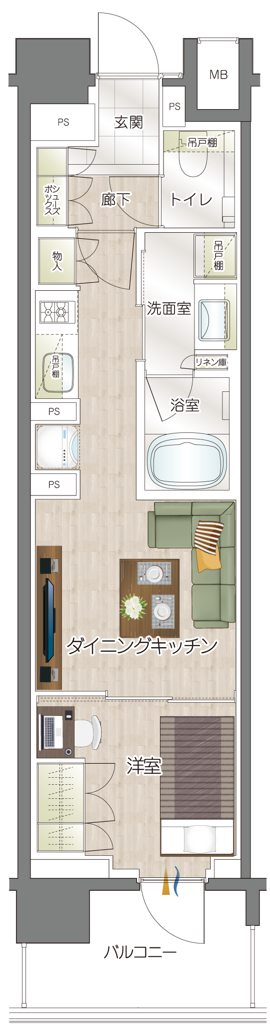 W-35A　TYPE 1DK 間取り図（アクティブ派）