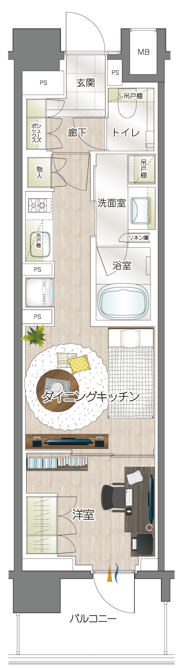 W-35A　TYPE 1DK 間取り図（在宅ワーク派）