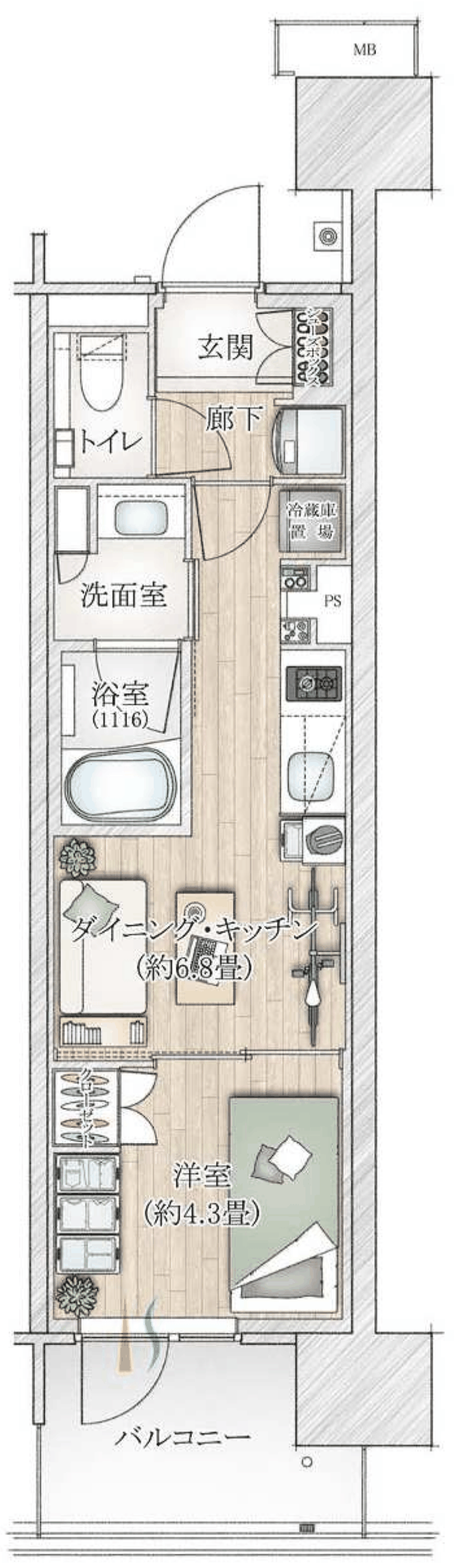 A2　TYPE 1DK 間取り図（ザ・パークハウス 亀戸九丁目）
