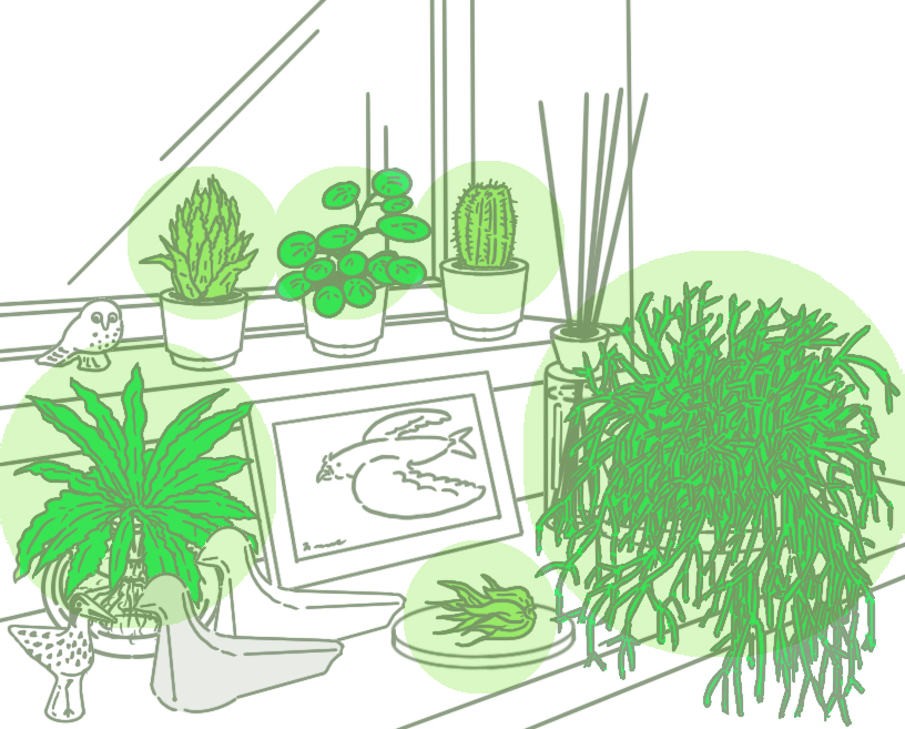 カウンターや窓際などの小スペースでは遊び心もプラス