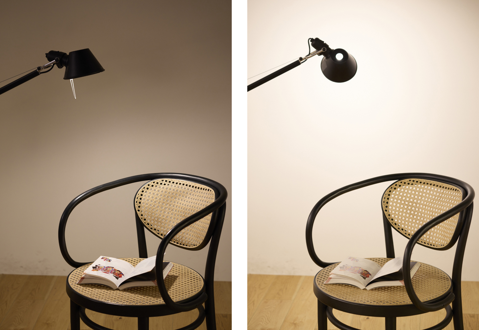 左：床に光を当てると、手元のみが明るくなる 右：白い壁に光を当てると全体がふわっと明るくなる