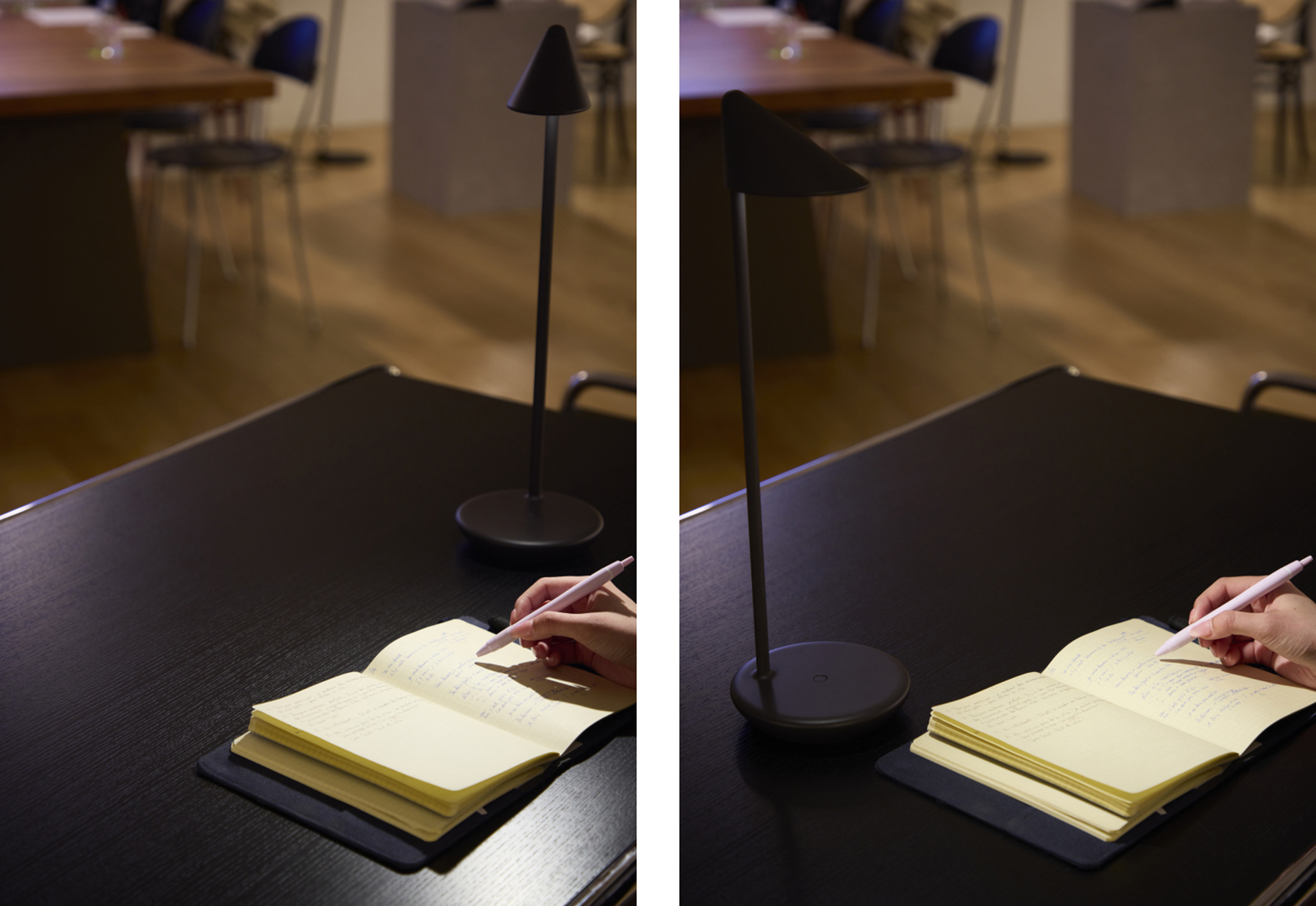左：利き手と同じ位置にデスクライトを置くと、手元に影ができてノートの内容が見づらい 右：利き手と反対の位置にデスクライトを置くことで、手元に影ができず作業がしやすくなる