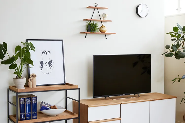 テレビ周りのシェルフにアートを置くのもおすすめ