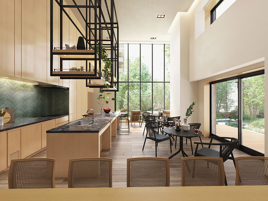 ▲コミュニティスペースの完成予想CG。エントランスアプローチ、ウッドテラスの緑を眺められるカフェのような空間