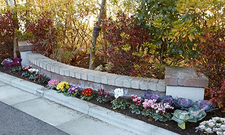 道路との境目にはレンガ積みと花壇を設置。季節ごとの彩りが訪問者をお出迎え。
