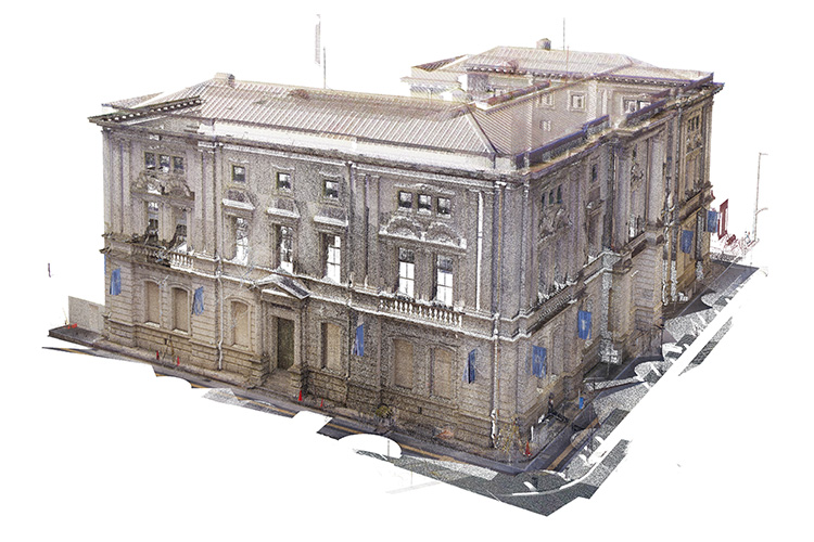 ・3Dスキャンデータ 3Dレーザースキャナーで捉えた「旧ファミリアホール」の形状(CG画像)。※掲載のCG画像およびBIMデータによる立体図画像は、実際の復元状況と異なります。