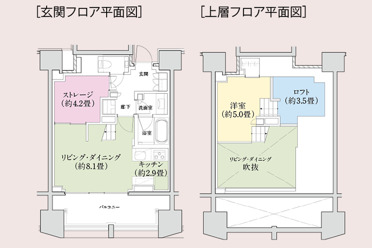 玄関フロア平面図（左）上層フロア平面図（右）