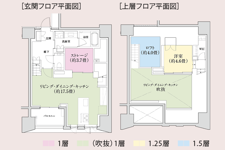 玄関フロア平面図（左）上層フロア平面図（右）