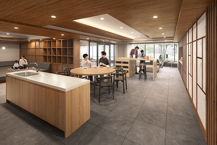 ザ・パークハウス 横浜川和町フロント。埼玉県飯能市の林業関係者の木材を指定し活用している。