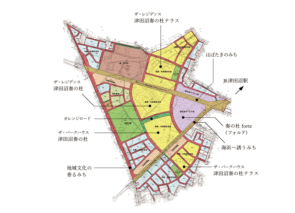 ※「JR津田沼駅南口特定土地区画整理事業　土地利用計画図　平成24年1月27日変更認可」に、施設名、道路、駅などの名称を加えています。