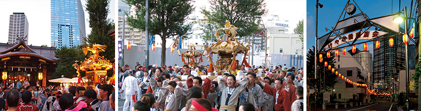 左／熊野神社の本殿前へと向かう欅橋睦の神輿。中／ 2016年の例大祭の様子。右／かつての「けやき橋商店会」の入り口にあったアーチ。