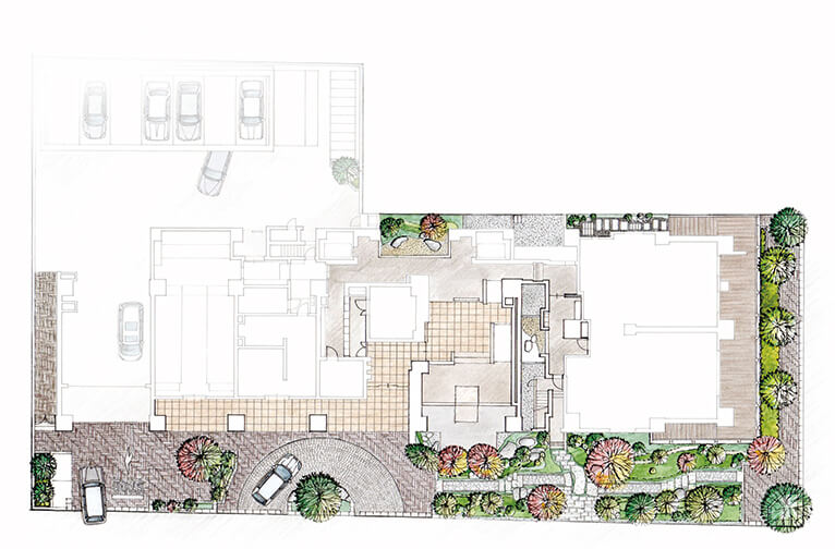 「灯籠の路地」は、かつて「朝陽館本家」の宿泊客が眺めた中庭の風景をイメージし、地域を彩る新たな緑として計画された。