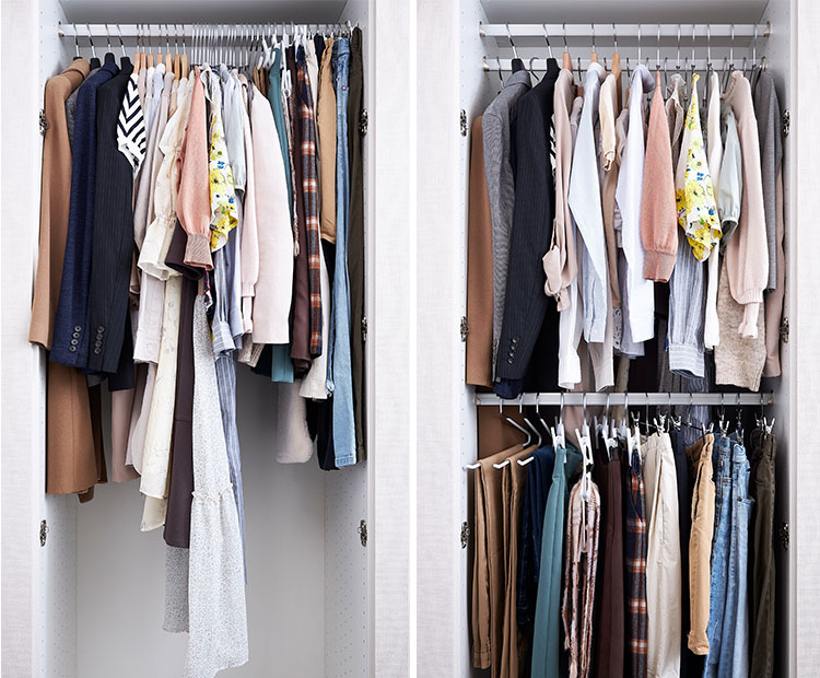 左)パイプが1本の場合。洋服を無理やり入れているように見えます。右)パイプが3本だと、収納量が増えても余裕があります。