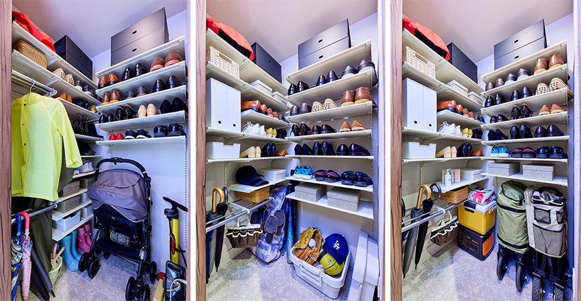 左）玄関に置いておきたいレインコートやベビーカーが収まるシューズインクローゼット 中）お子様が成長したら棚とハンガーパイプを組み替えて、部活道具を収納しやすい高さに変更 右）キャンプ用品など、高さや大きさのある物も棚板を上手く配置させてすっきり収納