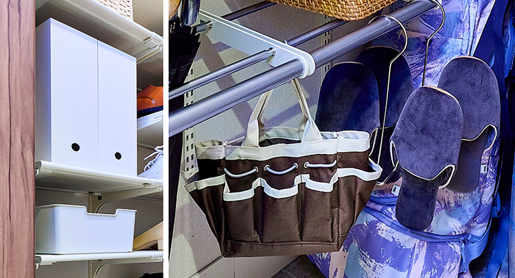 チラシやファイル、お散歩グッズや来客用スリッパ。玄関にあったら便利な小物もここに