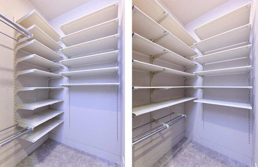 左）ゴルフバッグやベビーカーなどを置くために棚板下部を空けて設置。反対側の壁には上から下まで棚板を設置している（棚板とハンガーパイプの設置例）右）壁二面に棚板を設置。ハンガーパイプは小物などの吊り下げ用に下に設置（棚板とハンガーパイプの設置例）