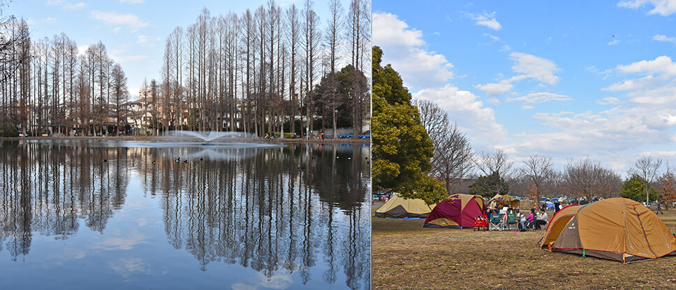 中浦和駅から徒歩5分、“別所沼公園”では釣りもできる。右／武蔵浦和駅からバスでアクセスできる“彩湖・道満グリーンパーク”。冬でもテントを張ってバーベキューを楽しむ人が絶えない」