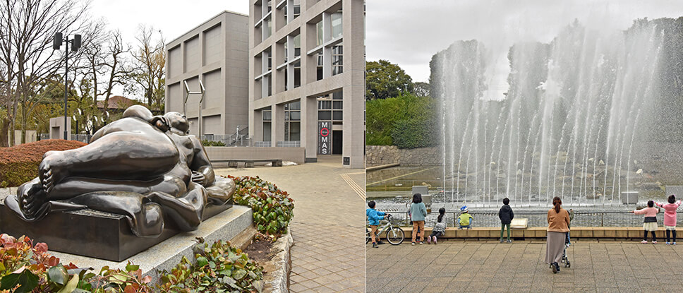 「左／建築家の黒川紀章が設計した埼玉県立近代美術館（北浦和公園内）。モネ・ルノワール・シャガール・ピカソ・草間彌生、岸田劉生など国内外の巨匠の作品を所蔵。右／美術館前には“音楽噴水”の池がある。1日5～6回、クラシック音楽に合わせて噴水のパフォーマンスを実演。水柱が左右に揺れるのに合わせて子どもたちが踊り出すのが微笑ましい」