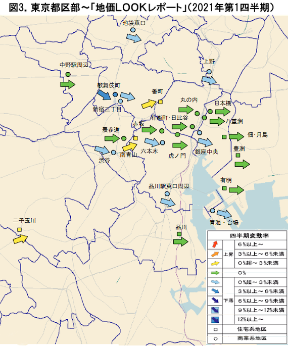 出典：国土交通省が2021年６月に公表した「主要都市の高度利用地地価動向報告～地価ＬＯＯＫレポート～」（【第５４回】2021年第１四半期の動向）のうち「東京都区部」のマップより抜粋