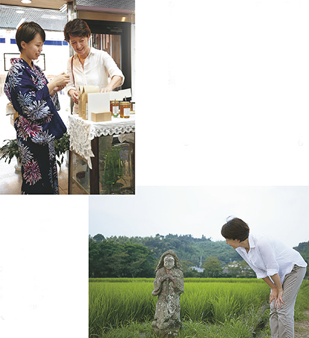 将来の移住を見据え、鹿児島に二拠点目を構えた門倉さん。鹿児島の店「SARUGGA」で自家製ジャムを置かせてもらったり(上)、その土地の文化に親しんだり(右)。このようにそれぞれの地域の人たちや文化と積極的に触れ合うことは、デュアルライフの成功と維持に欠かせない。