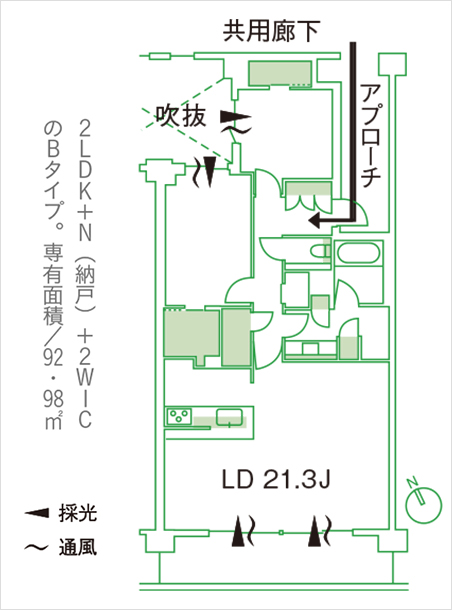 玄関までのアプローチ 共用廊下から各住戸のドアまでのアプローチを用意することで、より邸宅らしい住まいに。吹抜との相乗効果により、集合住宅でありながら独立性の高い居住空間を実現している。