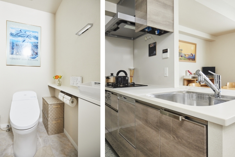 左/タンクレストイレと手洗いカウンターがついたトイレスペース。右/新築マンションと同じく、省エネに対応した最新のものが採用されているキッチン。