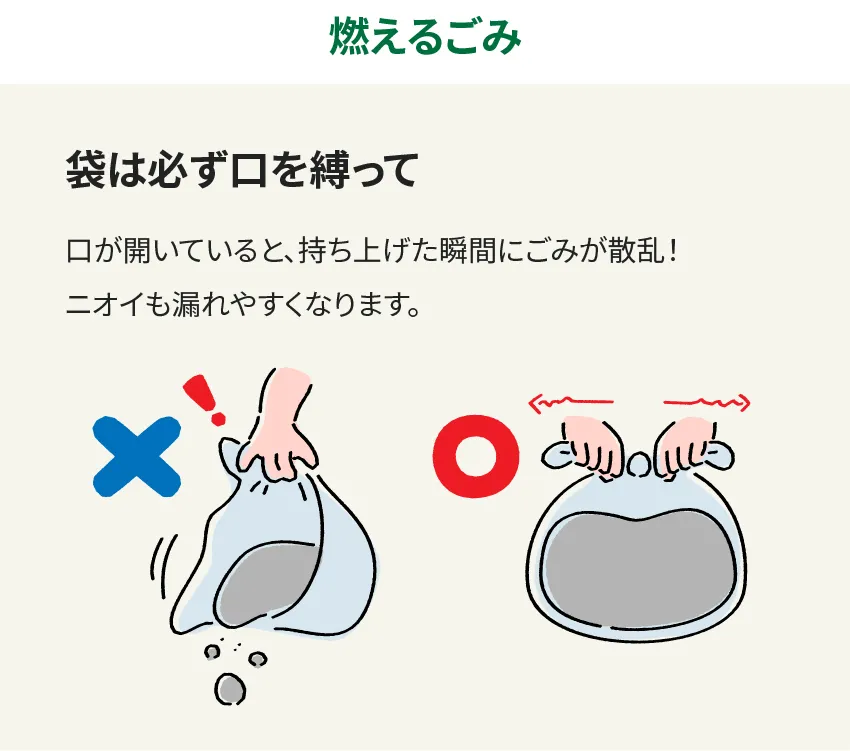 燃えるごみ 袋は必ず口を縛って 口が開いていると、持ち上げた瞬間にごみが散乱！ニオイも漏れやすくなります。