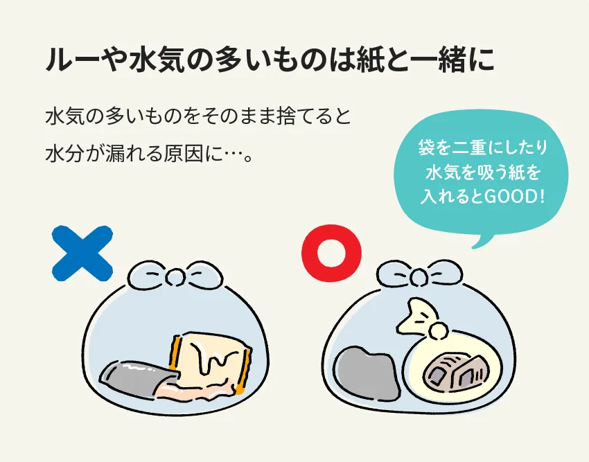 ルーや水気の多いものは紙と一緒に 水気の多いものをそのまま捨てると水分が漏れる原因に…。 袋を二重にしたり水気を吸う紙を入れるとGOOD！