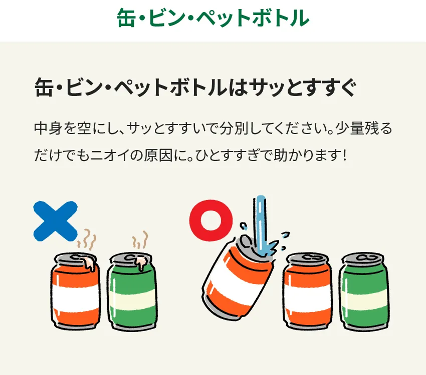 缶・ビン・ペットボトル 缶・ビン・ペットボトルはサッとすすぐ 中身を空にし、サッとすすいで分別してください。少量残るだけでもニオイの原因に。ひとすすぎで助かります！