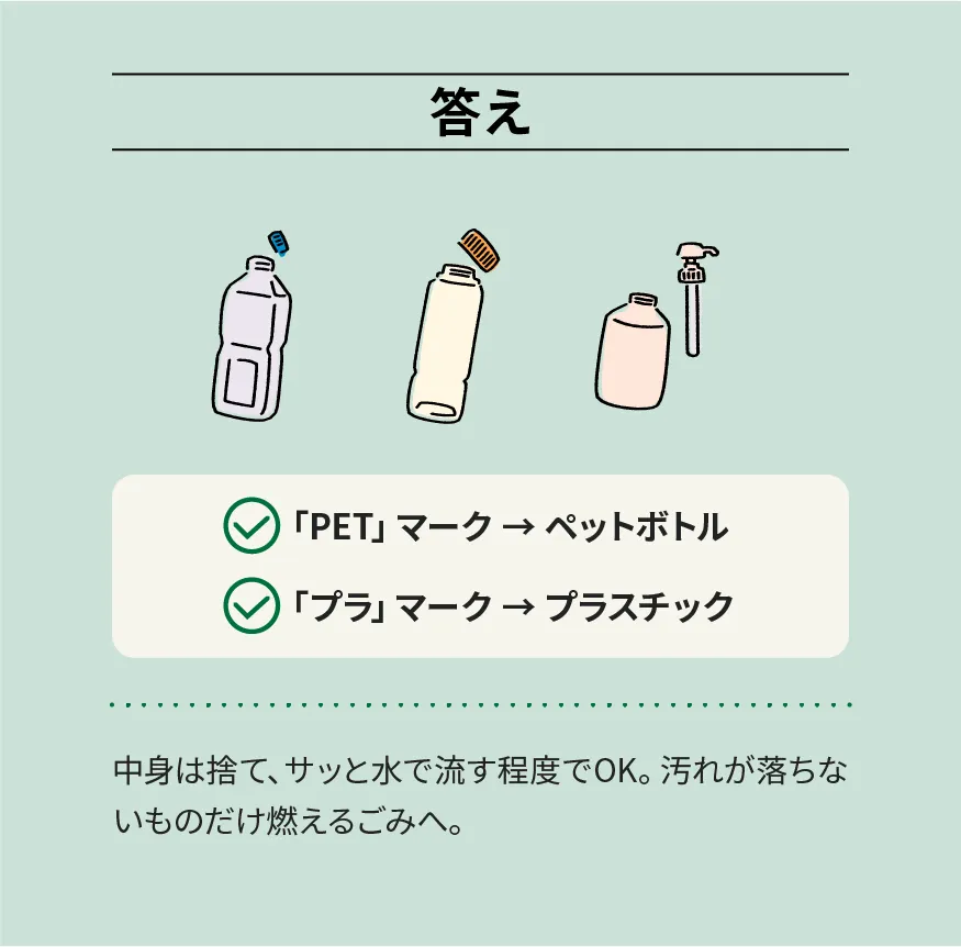 答え 「PET」マーク→ペットボトル 「プラ」マーク→プラスチック 中身は捨て、サッと水で流す程度でOK。汚れが落ちないものだけ燃えるごみへ。