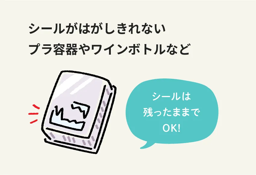 シールがはがしきれないプラ容器やワインボトルなど シールは残ったままでOK！