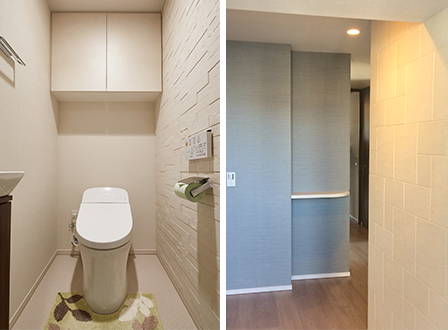 左／トイレには壁の一面に、調湿・消臭効果と撥水性のあるタイルを貼りつけた。 右／玄関にはタイルとアクセントクロスを貼り、機能性と美しさを合わせもった仕上がりに。