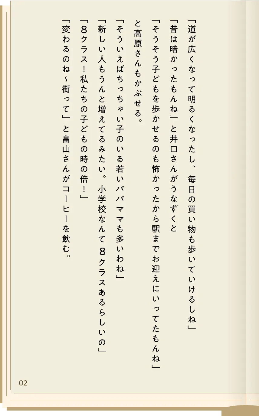 「道が広くなって明るくなったし毎日の買い物も歩いていけるしね」「昔は暗かったもんね」と井口さんがうなずくと「そうそう子どもを歩かせるのも怖かったから駅までお迎えにいってたもんね」と高原さんもかぶせる。「そういえばちっちゃい子のいる若いパパママも多いわね」「新しい人もうんと増えてるみたい。小学校なんて８クラスあるらしいの」「８クラス！私たちの子どもの時の倍！」「変わるのね〜街って」と畠山さんがコーヒーを飲む。