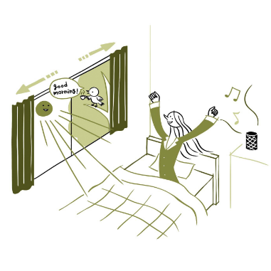 01「アレクサ、おはよう。」の合図でカーテンがオープン。照明が点いて、朝のニュースが流れ出す。