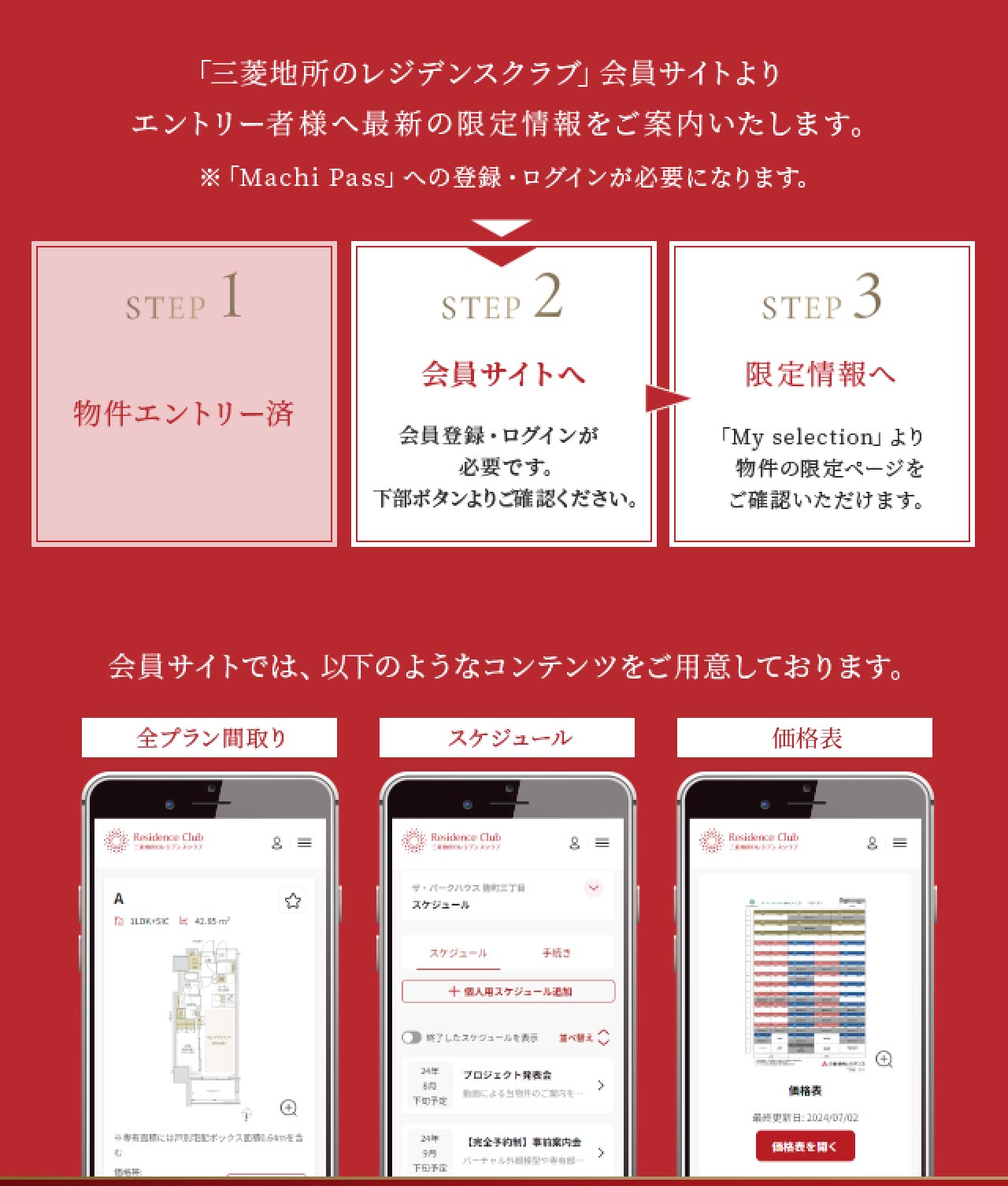 会員サイトでは、以下のようなコンテンツをご用意しております。全プラン間取り・スケジュール・価格表