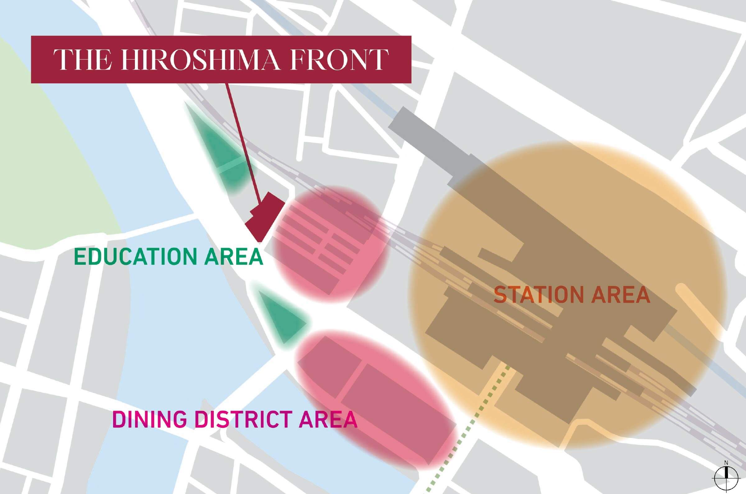 立地概念図 ザ・広島フロントの場所と、Education AreaとStation AreaとDining District Areaの3つの区分が表されている