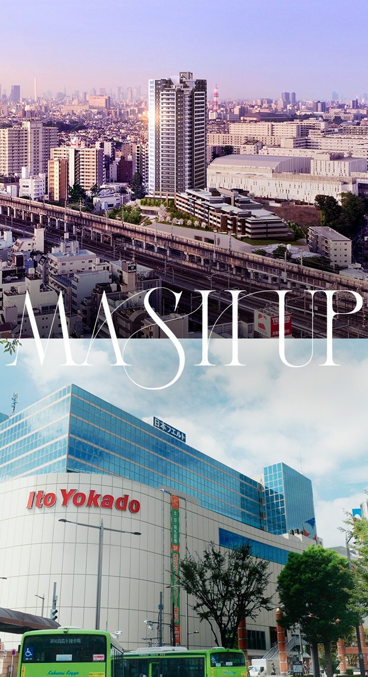 左:イトーヨーカドー赤羽店（徒歩6分／440m)、右:外観完成予想CG上:外観完成予想CG、下:イトーヨーカドー赤羽店（徒歩6分／440m)