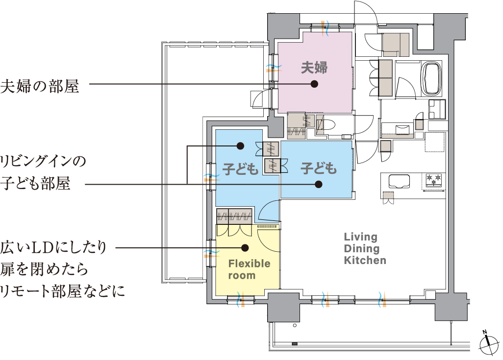 家族が自然に集まりやすく、成長を見守りやすい部屋づかい。