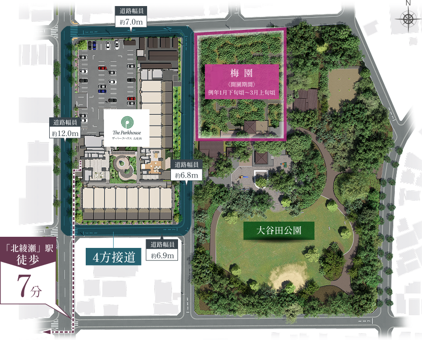 敷地配置図完成予想CG/大谷田公園CG／駅徒歩7分／4方接道