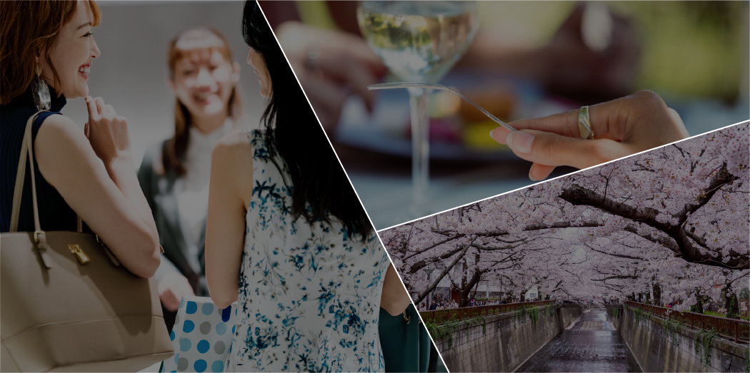 ショッピングを楽しむ女性 食事を楽しむ人 目黒川の様子