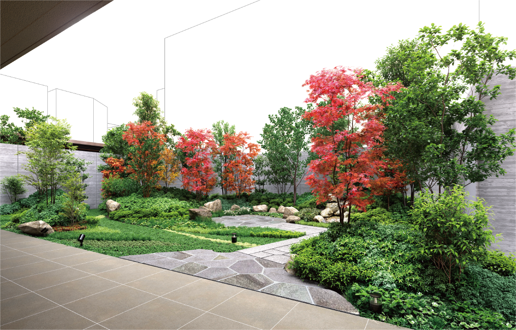 ガーデン完成予想CG ガーデンの石畳や木々の様子