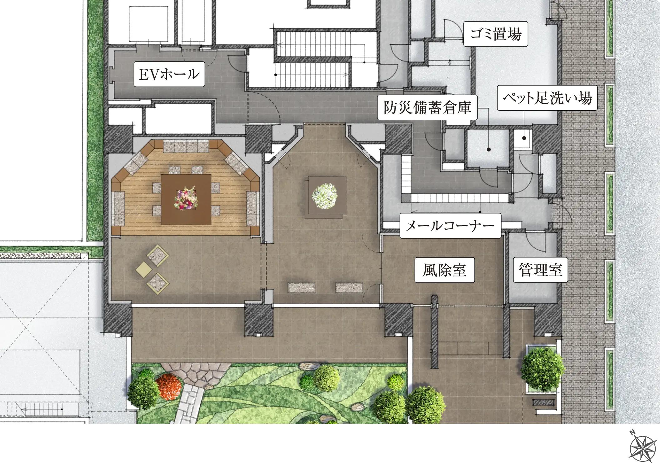 1階敷地配置イラスト EVホール ライブラリー ガーデンビューラウンジ エントランスホール ガーデン ゴミ置場 防災備蓄倉庫 ペット足洗い場 メールコーナー 風除室 管理室