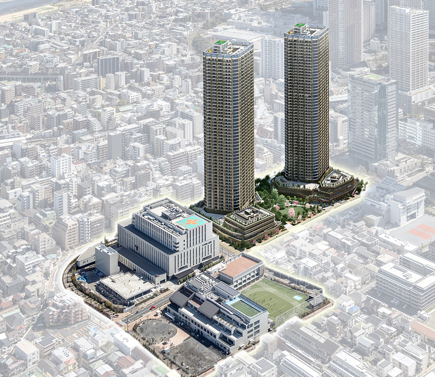 外観完成予想CG＋現地周辺空撮